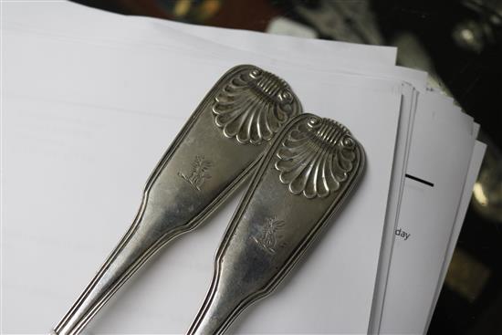 A pair of early Victorian silver fiddle, thread and shell pattern basting spoons by William Eaton, London, 1838, 10 oz.